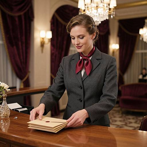 Photograph of a poised, brunette woman in a dark gray suit with a red silk scarf, sorting papers at a wooden desk in an elegant, ch