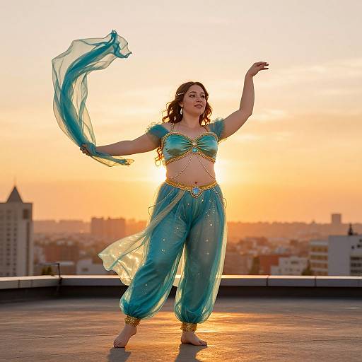 Photograph of a smiling woman in turquoise belly dancer outfit with gold accents, standing on rooftop at sunset, cityscape background.