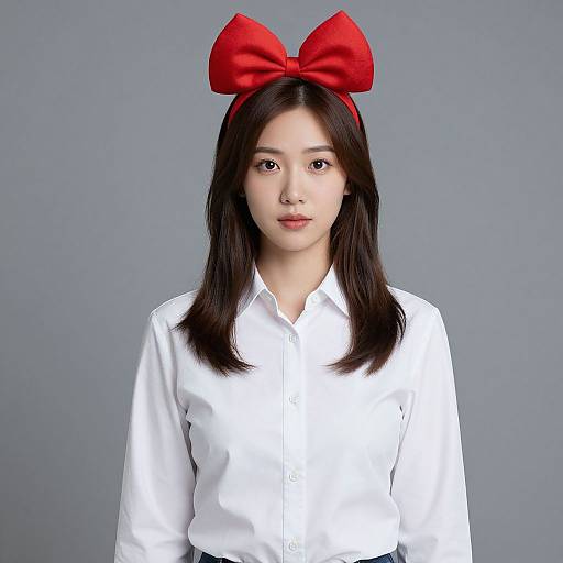 Photograph of an Asian woman with straight black hair, wearing a white button-up shirt and a large red bow headband, against a gray background.