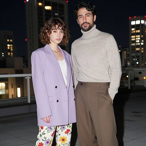 Photograph of a couple at night; woman with short brown hair, white top, lavender coat, floral pants; man with dark hair, beard,