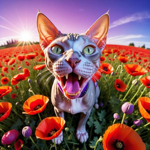Playful Sphynx Cat in Poppy Field