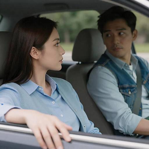 Two Adults in Car with Intense Expressions