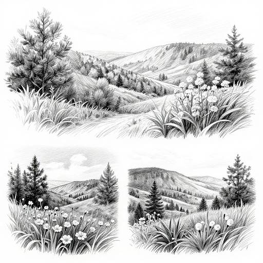 Monochrome digital ink drawing of mountainous landscapes with detailed pine trees, grass, and wildflowers, featuring four distinct views.