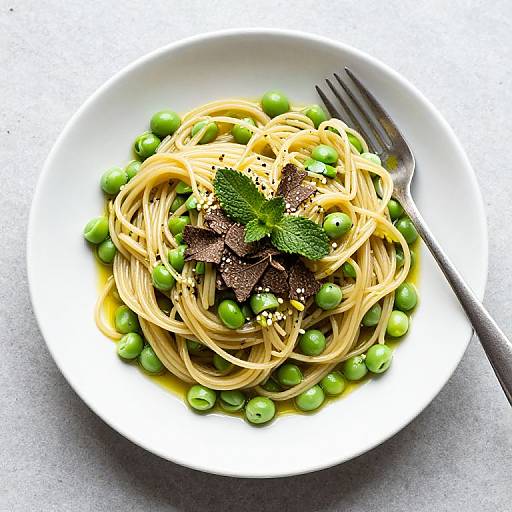 Photograph of pasta with green peas, topped with browned pork cubes and fresh mint, on a white plate with a fork.