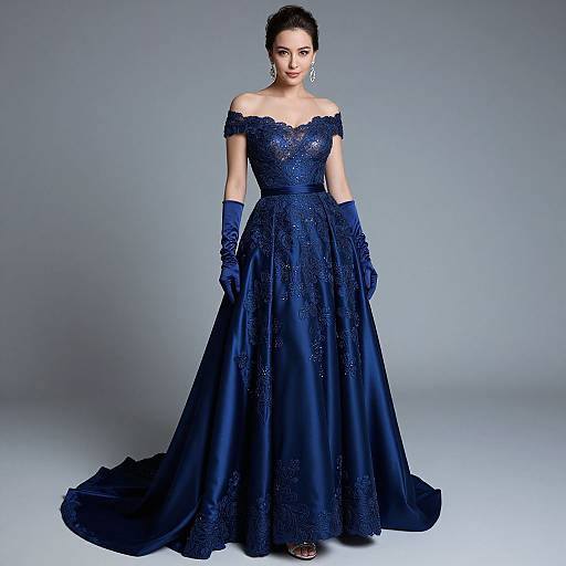 Photograph of a woman in an off-the-shoulder, dark blue, lace-embellished gown with long gloves, standing against a gray