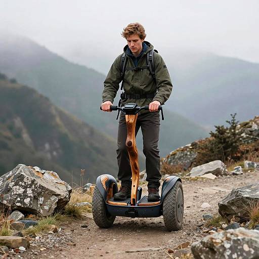 Photograph of a young man with curly brown hair, wearing a green jacket and black pants, riding a motorized scooter on a rocky mountain trail with