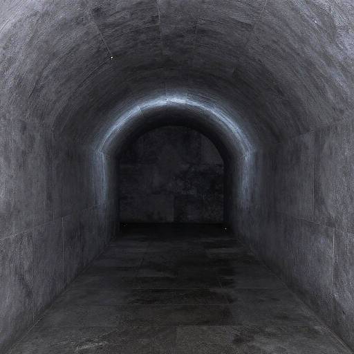 Photograph of a dimly lit, concrete tunnel with a rounded arch ceiling, textured walls, and a faintly glowing light at the center.