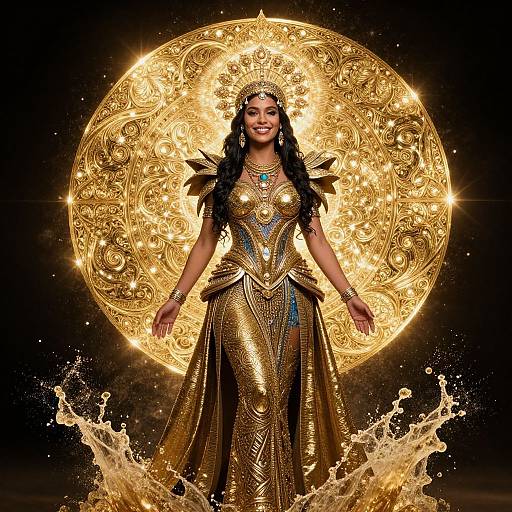 Photograph of a beautiful Indian woman with dark skin, wearing a golden ornate dress and headpiece, standing in front of an illuminated, intricate golden