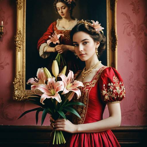 Young Woman in Vintage Red Dress with Lilies