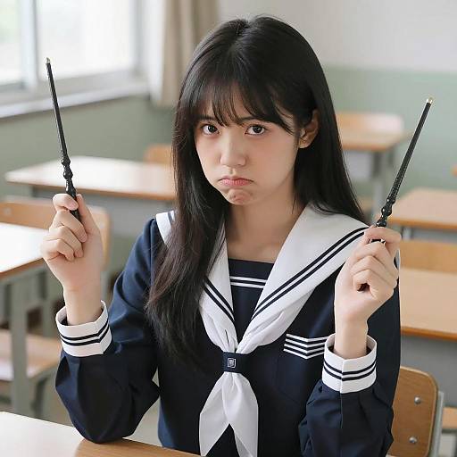 Pouting School Girl with Wands