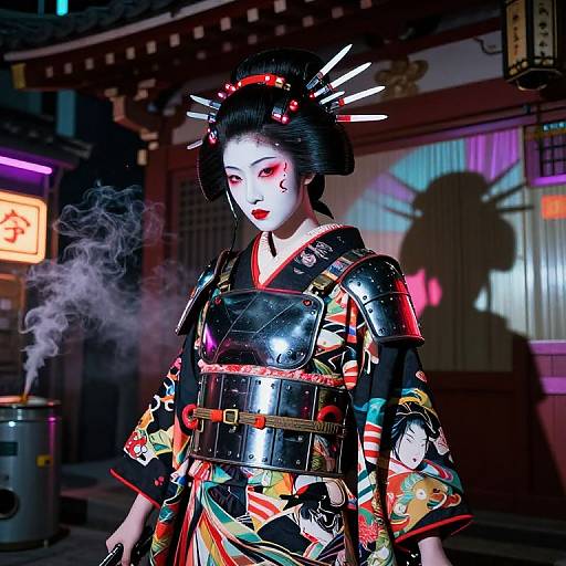 Photograph of a Japanese geisha in vibrant, ornate armor with red accents, white face paint, and black hair adorned with spiked combs,