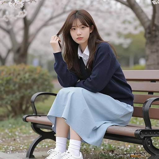 Japanese Woman Sitting on Bench with Cherry Blossoms