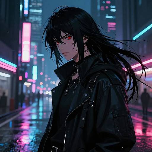 Cyberpunk-style digital art: androgynous figure with long black hair, red eyes, and black leather jacket, standing in a neon-l