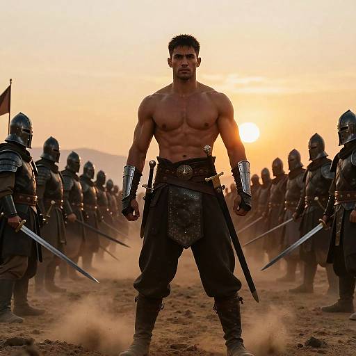 Photograph: Muscular, shirtless warrior with dark hair, wearing metal arm bracers and leather pants, stands center, sunlit, surrounded by