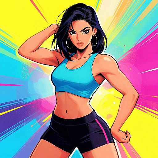 Digital comic-style drawing of a muscular, tan-skinned woman with black hair, wearing a blue sports bra and black shorts, standing confidently against a vibrant