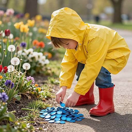 Photograph of a young child in a yellow raincoat and red boots, crouching to pick blue leaves in a colorful garden.