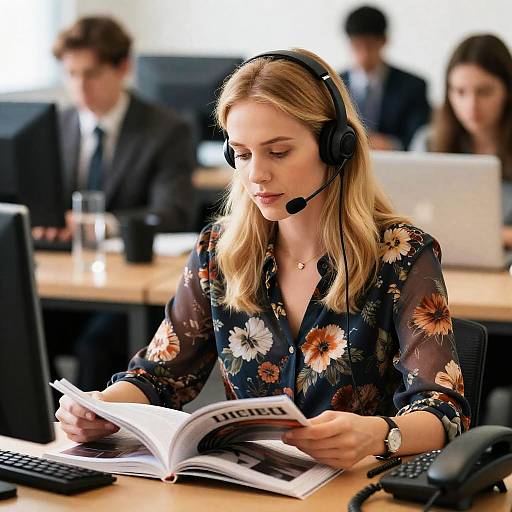 Office Woman Reading with Headset