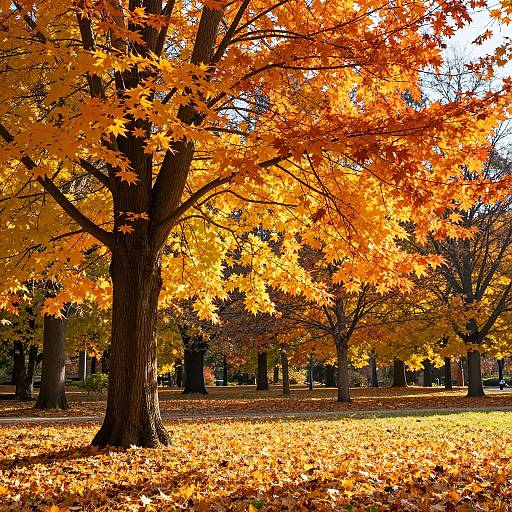 Photograph of a vibrant autumn park with a large tree in the foreground, its branches adorned with bright orange-yellow leaves, casting a warm glow on the
