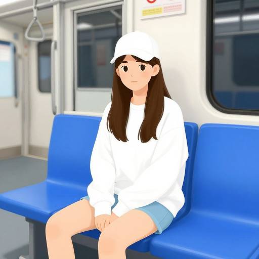 Digital drawing of a young woman with long brown hair, wearing a white hat and oversized shirt, sitting on blue subway seats.