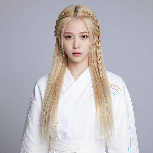 Photograph of a young Asian woman with long, straight blonde hair, braided crown, wearing a white shirt, against a light gray background.
