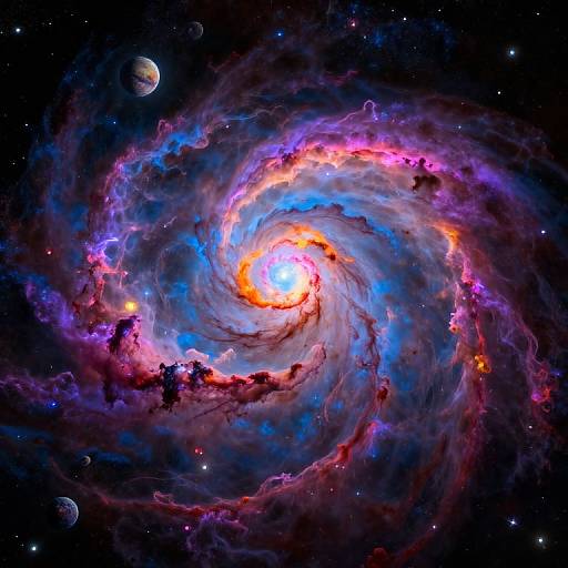 Photograph of a vibrant, swirling galaxy with a bright, fiery core, surrounded by colorful neon-blue, pink, and purple gas clouds, set against