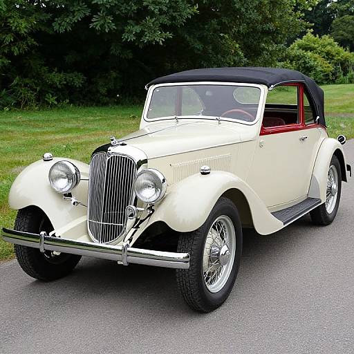 Photograph of a vintage cream-colored classic car with black convertible top, chrome grille, and red interior, parked on a grassy roadside.