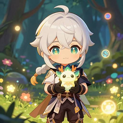 Cute anime-style boy with white hair, blue eyes, and a braid, holding a glowing creature in a magical forest with colorful lights. Digital