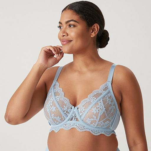 Smiling Woman Wearing Light Blue Lace Bra