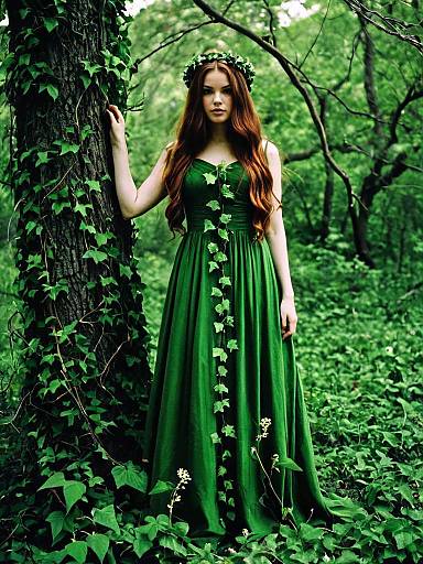 Woman in Green Dress with Ivy in Forest