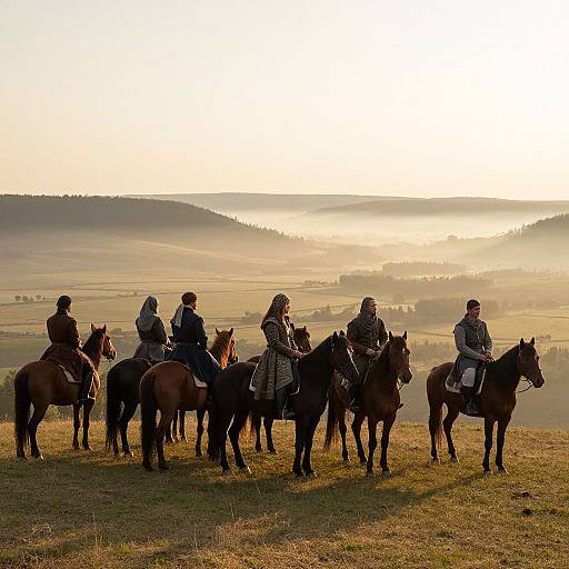 Photograph of seven riders in winter attire on horses, silhouetted against a golden sunrise over rolling hills and misty fields.