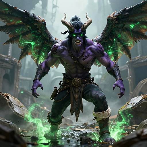 Digital artwork of a fierce, muscular, purple-skinned demon with glowing green eyes, black wings, and sharp horns, standing in a ruined, mist
