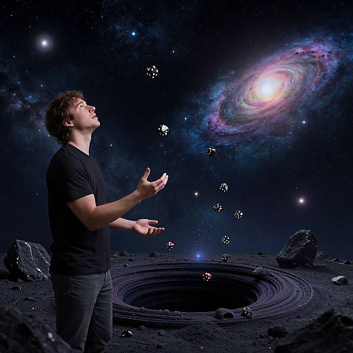Photograph of a man in a black shirt and jeans, standing on a dark, rocky planet, levitating dice, with a glowing spiral galaxy in