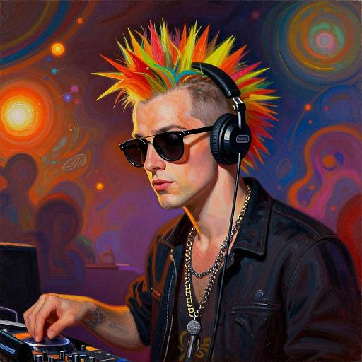 Photograph of a punk DJ with neon spiky hair, black sunglasses, headphones, and black leather jacket, mixing music against a vibrant, psychedelic background