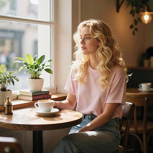 Photograph of a blonde woman with wavy hair, wearing a pink t-shirt and blue jeans, sitting at a sunlit café table, holding a
