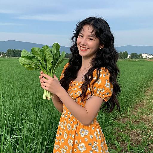 Photograph of a smiling Asian woman with long black hair, wearing an orange floral dress, holding fresh leafy greens in a lush green field with mountains