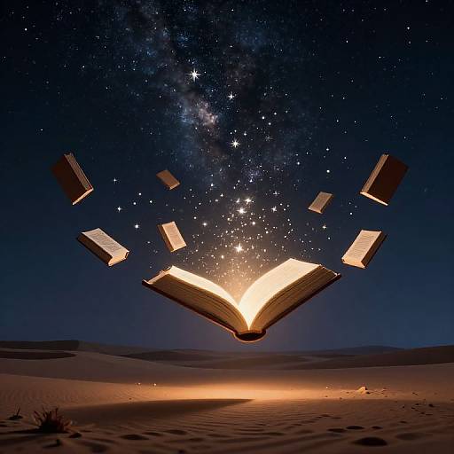 Photograph of an open glowing book floating in a starry night sky over a desert, with floating pages and a Milky Way backdrop.