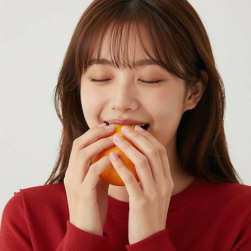 Joyful Asian Woman Enjoying Fruit