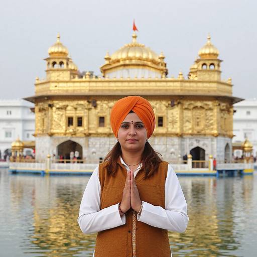 Photograph of a young woman with brown skin, wearing an orange turban, white shirt, and brown vest, hands in prayer, standing in front