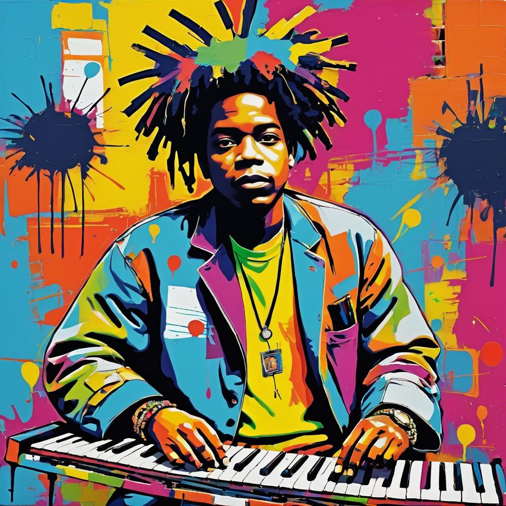 Vibrant Street Musician Portrait in Basquiat Style