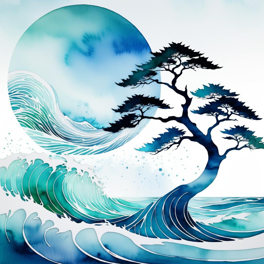 Serene Tree Silhouette with Ocean Waves