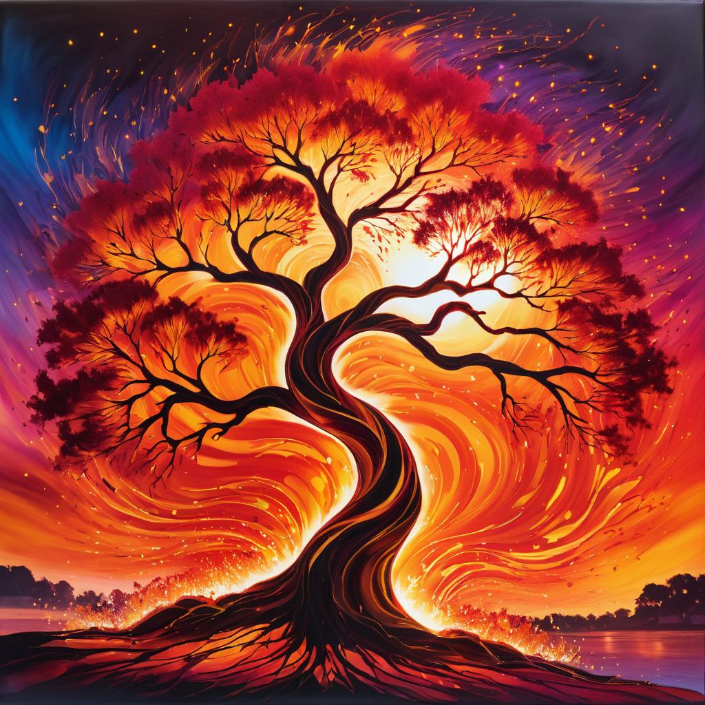 Magical Sunset with Fiery Tree