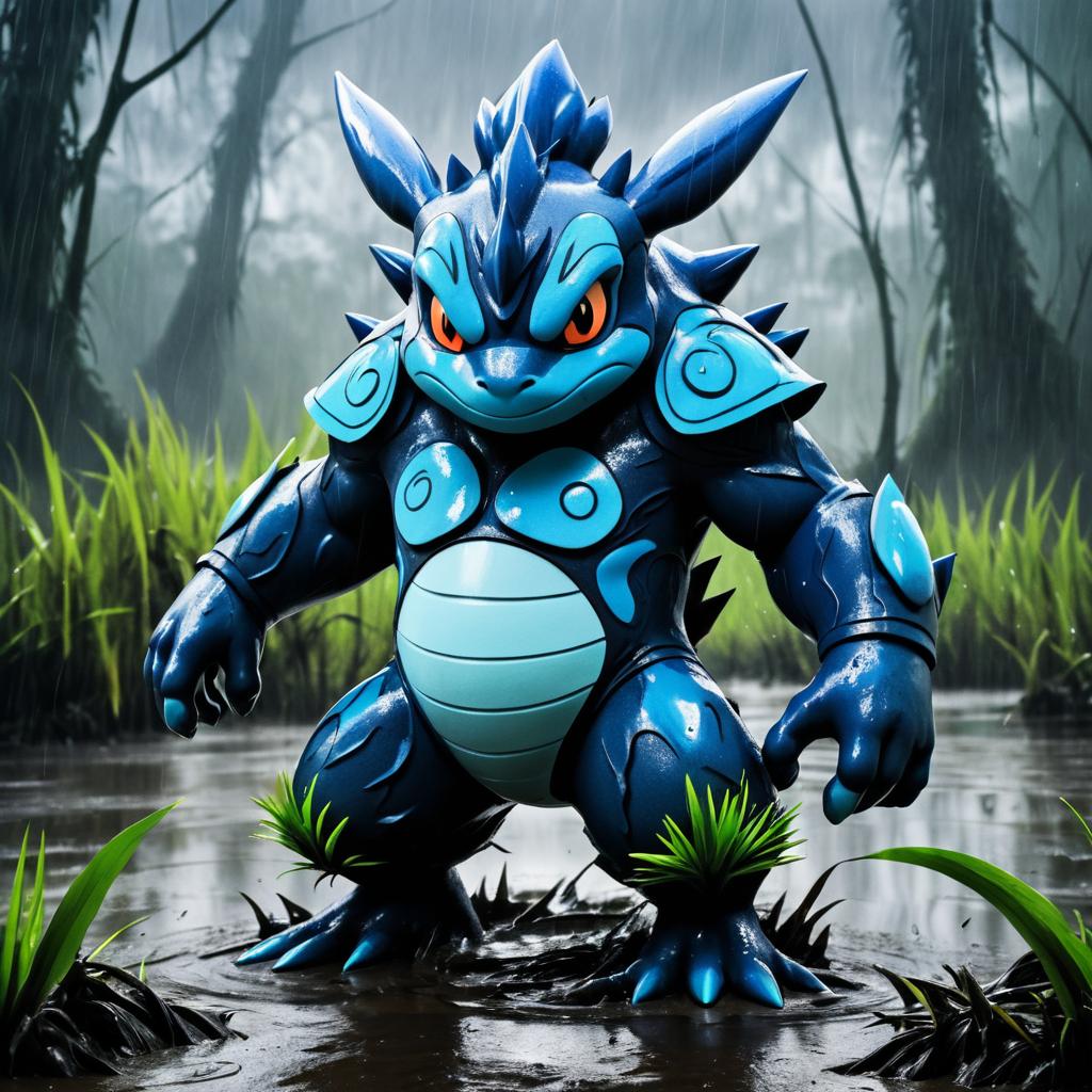 Dynamic Swampert in a Rainy Swamp Scene