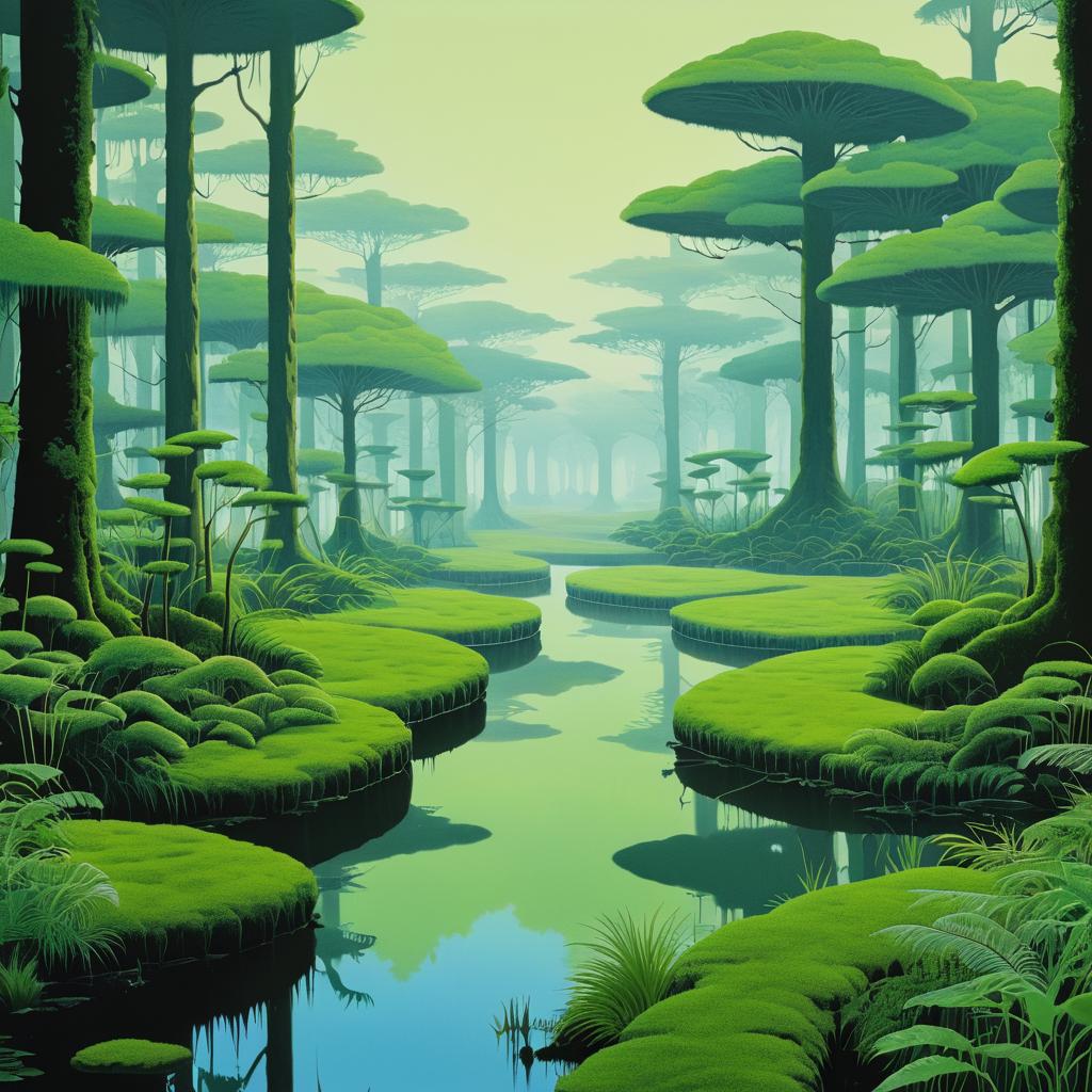 Surreal Wetlands with Human Heads Illustration