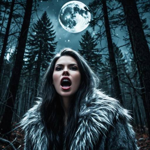 Woman Howling at Full Moon in Dark Forest