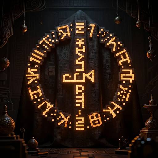 Digital art: Glowing, pixelated Sanskrit mantra and cross on black, textured background with ornate, hanging lights in dark, moody setting