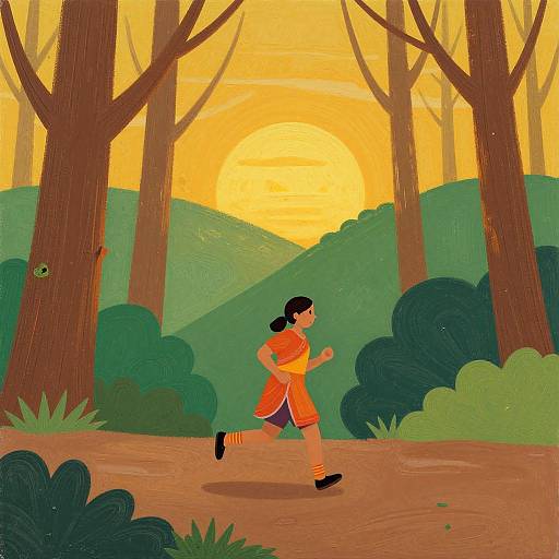 Indian Woman Running in Forest at Sunrise