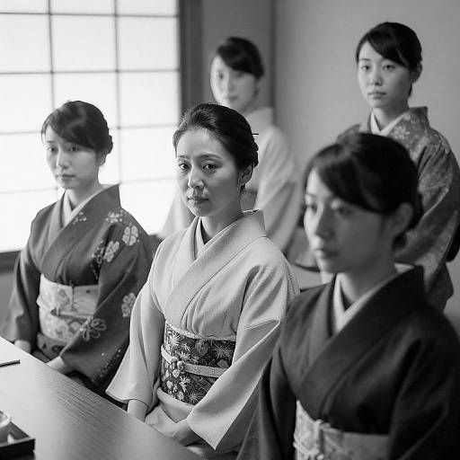 Black and White Photo of Japanese Women in Kimono