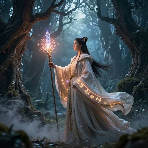 Digital fantasy artwork of a dark-haired woman in a white, glowing robe holding a magical staff with a crystal flame in a misty, dark forest.