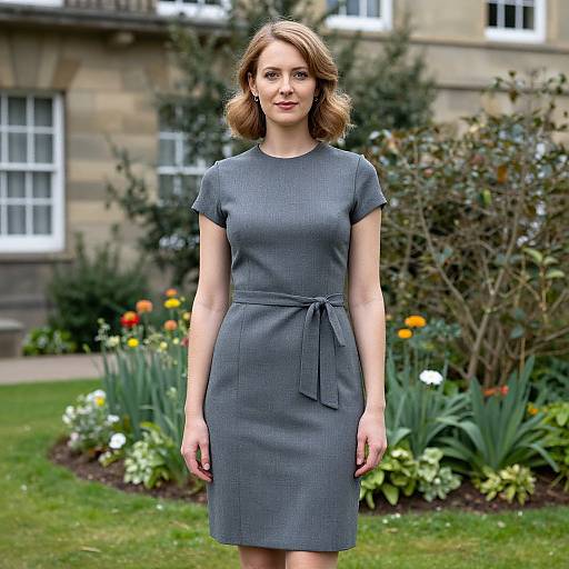 Photograph of a fair-skinned woman with shoulder-length blonde hair, wearing a gray, short-sleeved, knee-length dress with a tied waist