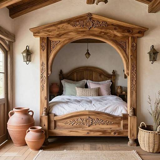 Photograph of a rustic wooden bed with intricate carvings, white linens, and decorative pillows, flanked by terracotta pots and a